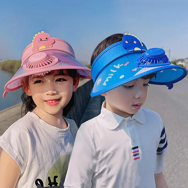 Summer Children's Sunshade Hat with Fan - Cartoon Dinosaur Design