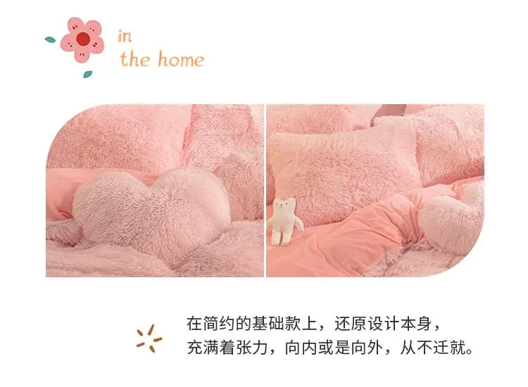 Luxury Autumn Winter Warm Pink Bedding Set Plush Kawaii Mink Velvet Queen Duvet Cover Set with Sheets Single Double Bedding Sets