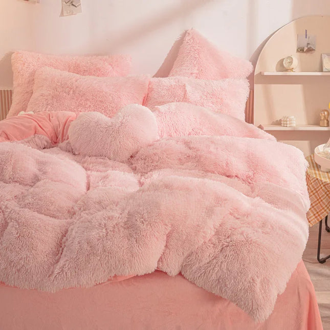 Luxury Autumn Winter Warm Pink Bedding Set Plush Kawaii Mink Velvet Queen Duvet Cover Set with Sheets Single Double Bedding Sets